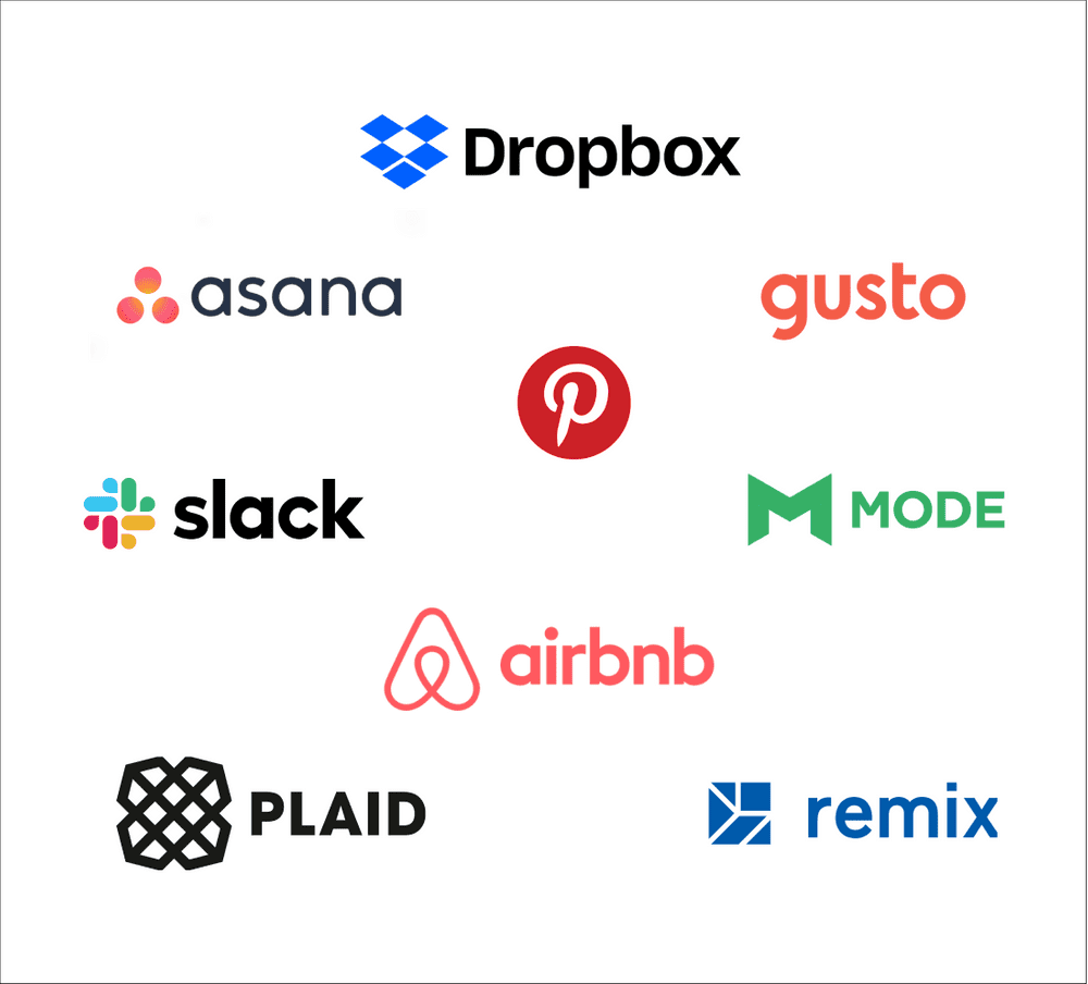 Dropbox, Asana, Gusto, Pinterest, Slack, Mode, Airbnb, Plaid, and Remix logos